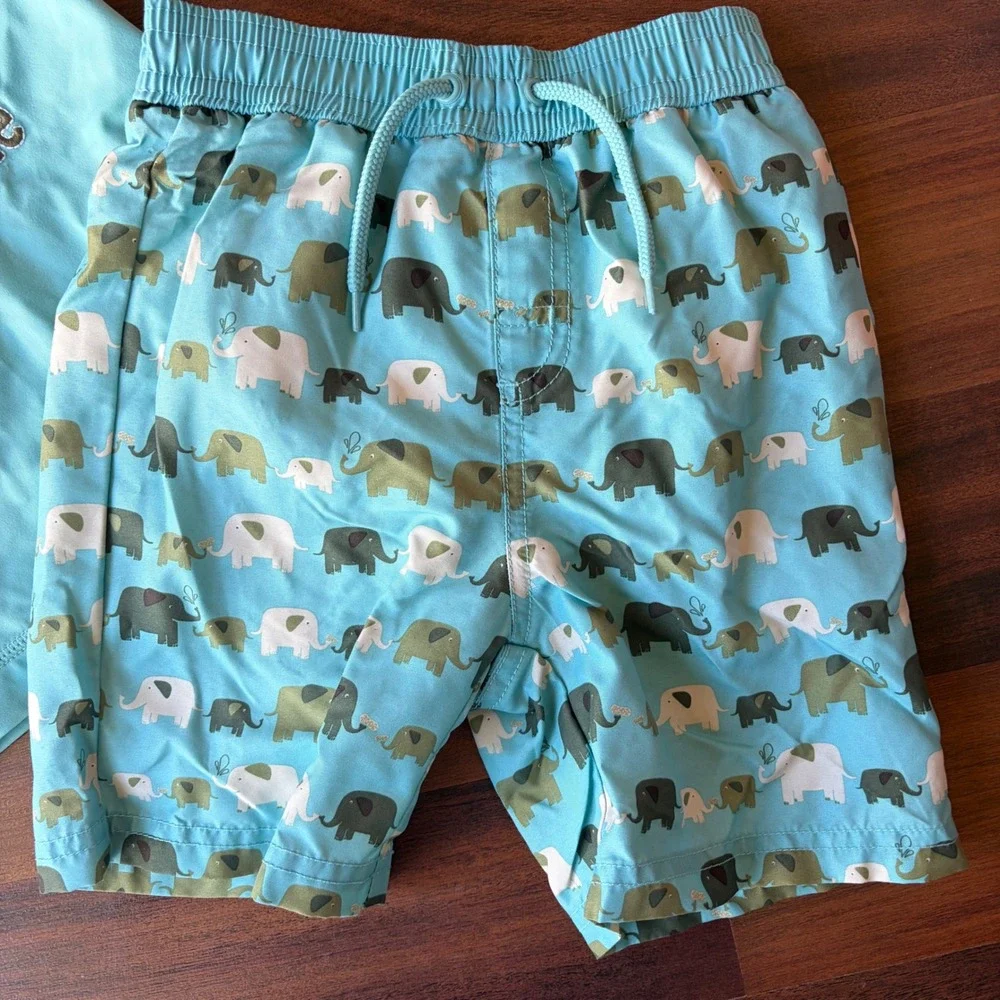 Y2K 2009 Gymboree Baby Boy Elephant Rash Guard & Swim Trunks Set Blue Olive